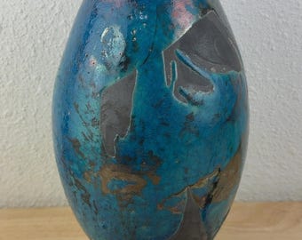 Raku Tri Color Handmade Black Blue Pottery Vase Art Deco Signed 11.5" Tall