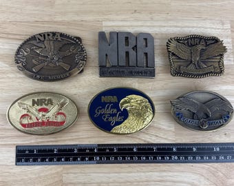 6 NRA National Rifle Association Belt Buckle Lot Golden Eagle Anniversary Gun