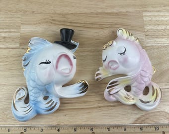 Norcrest Anthropomorphic Fish Wall Plaques Japan Singing Mermaid Bath Ceramic