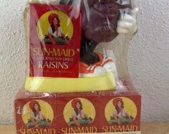 Sun-Maid California Raisins Plastic Money Piggy Bank Figure Original Wrap 1987