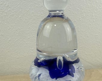 Gibson Glass Bell Shape Paperweight Blue & White Trumpet Flowers
