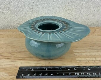 Studio Art Pottery Flower Frog Vase Teal Glaze Ribbed Flange Neher Signed