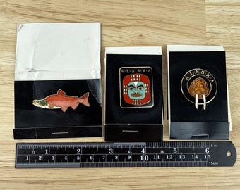 3 Vintage WM Spear Designs Lapel Pins Alaska Walrus Tusks Sockeye Salmon