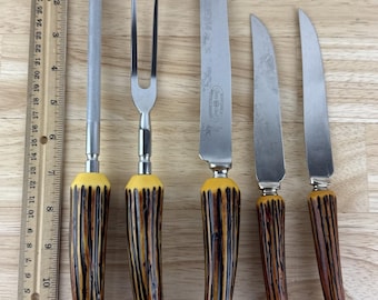Vintage Sheffield Carving Set Faux Antler Stag England Knife, Sharpener, Fork +