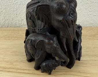 Vintage Ironwood Elephant Family of 7 Handmade Carved Circle Figurine Sculpture