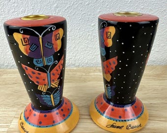 Pair of Laurel Burch Candle Holders Butterflies Taper Candlesticks 6.5 Inches