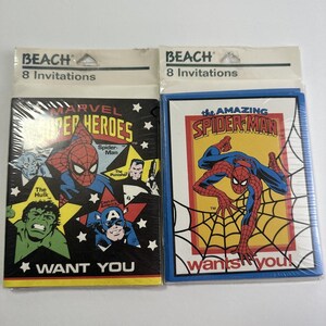 May include: Two packs of Marvel Super Heroes and Spider-Man invitations. The Super Heroes pack features The Hulk, Captain America, and Spider-Man. The Spider-Man pack has the text "the AMAZING SPIDER-MAN" and "wants you!"