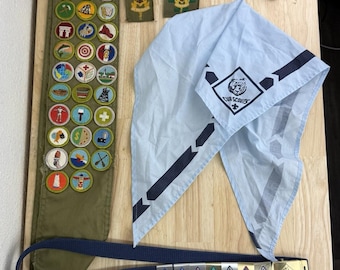 Vintage BSA Boy Scout Cub Scout Lot W/ Sash, Belt, Hat, Patches & Scarf