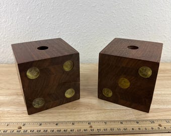 Mid-Century Oversized Wood Casino Dice Candle Holder Set Retro Bar Lounge MCM