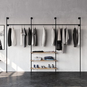 Coat rack open with 3 wooden shelves for storage • Perfect for your walk-in closet • Clothing rack wall • PELLE