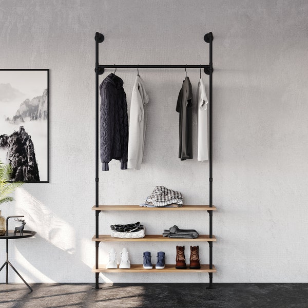 Coat rack with shelf and shoe rack made of oak wood board • Coat rack metal black industrial design • narrow hallway wardrobe • ALVA