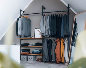 Coat rack double for dressing room with 3 shelves made of oak wood • clothes rods metal black from water tubes • industrial style • ELLA