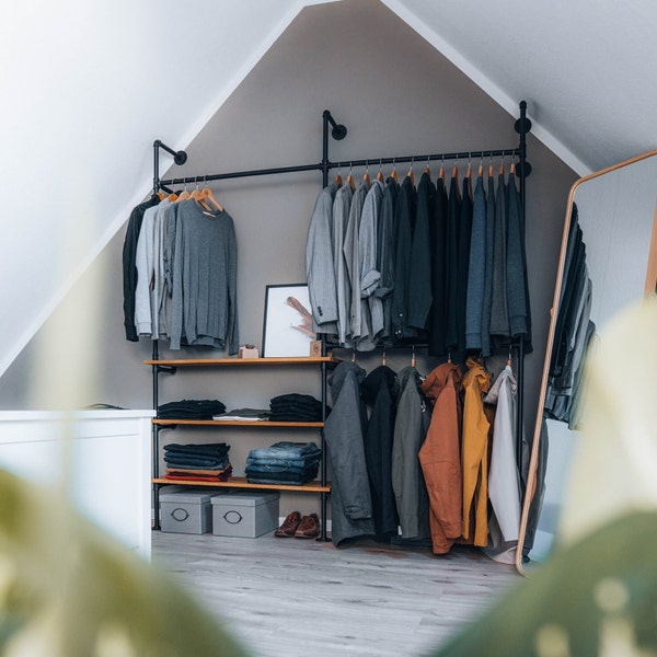 Coat rack double for dressing room with 3 shelves made of oak wood • clothes rods metal black from water tubes • industrial style • ELLA