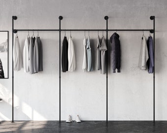 Kleiderständer aus Wasserrohren Kleiderstange schwarz Wandmontage offener Kleiderschrank industrial Möbel • KIM III