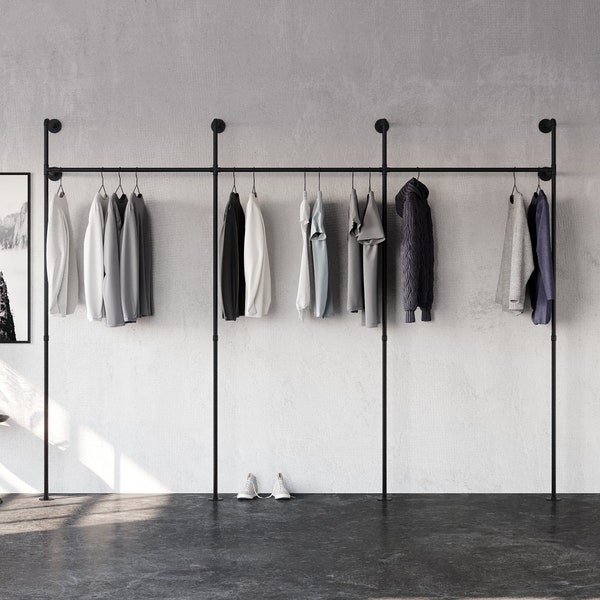 Wardrobe made of water tubes clothes rail black for wall mounting open closet system industrial furniture • KIM III