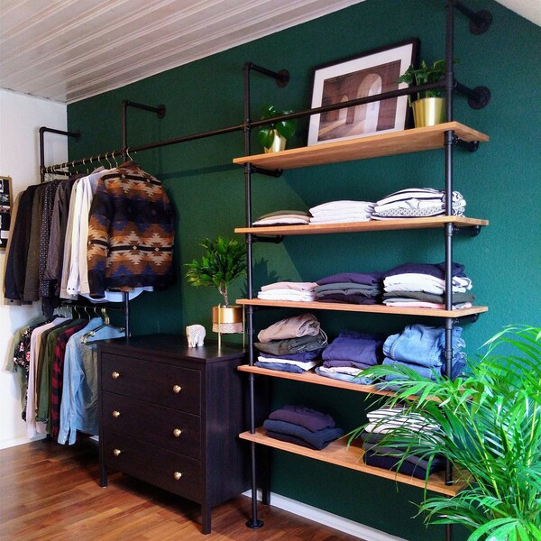 Clothes rail with oak shelf • 5 shelves oak wood • open wardrobe JONTE