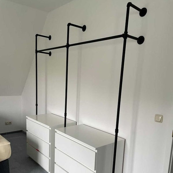 Coat rack made of water tubes clothes rail black for wall mounting open wardrobe system industrial furniture • KIM II