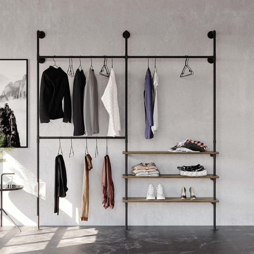 Coat Rack Double for Dressing Room With 3 Shelves Made of Oak Etsy