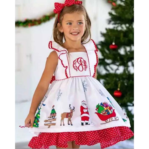 Christmas Dress - Embroidered - Girls - Toddler - Red Holiday Dress - Santa, Reindeer, North Pole