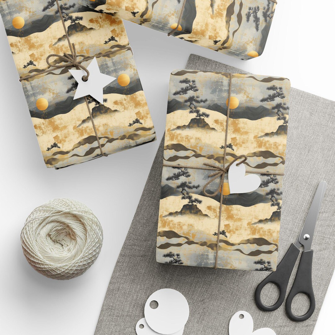 View of Japandi Art Wrapping Paper, Japanese Art Style Gift Paper, Japandi Art ...
