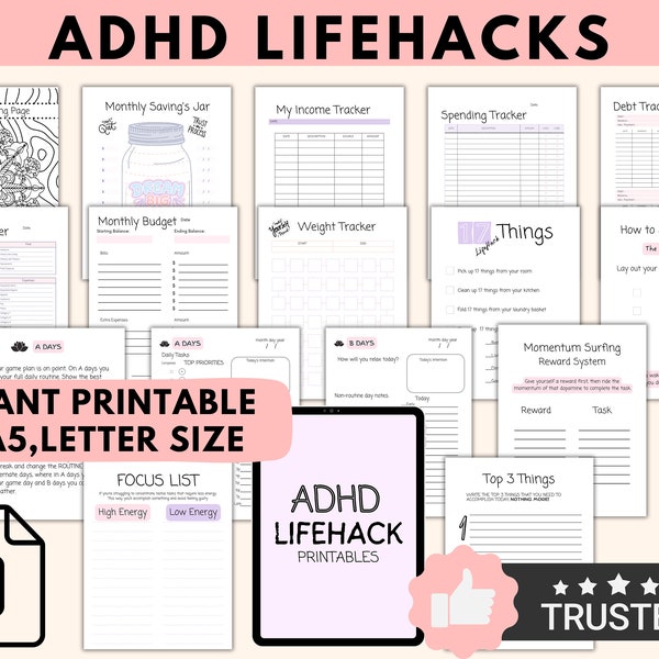 ADHD Life Hack Printable, ADHD Life Hacks, Life hacks digital download, ADHD Daily Planner template, adhd hacks for motivation, organization