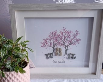 Our family pebble art frame, housewarming gift, pebble dogs, pebble people wall decor