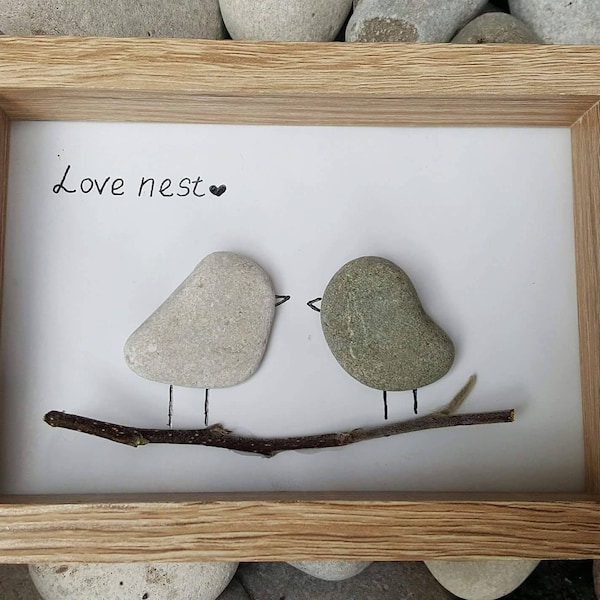 Love birds, love nest, pebble art, unique gift, wooden frame, wedding gift, anniversary gift, birthday