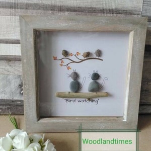 Bird watching, pebble art, cats bird watching, cat lovers gift, pebble art frames, woodlandtimes