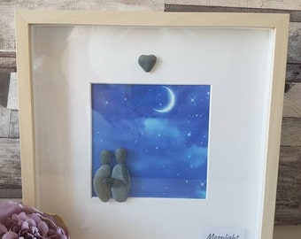 Pebble art, Moonlight, unique design, wall art, wedding gift, anniversary gift, special couple,