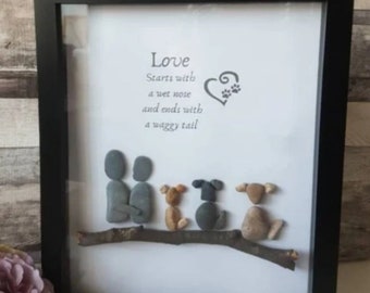 Dog and family pebble art, love starts with a wet nose and ends with a waggy tail, dog lovers gift, wall art decor,dogs and family frame