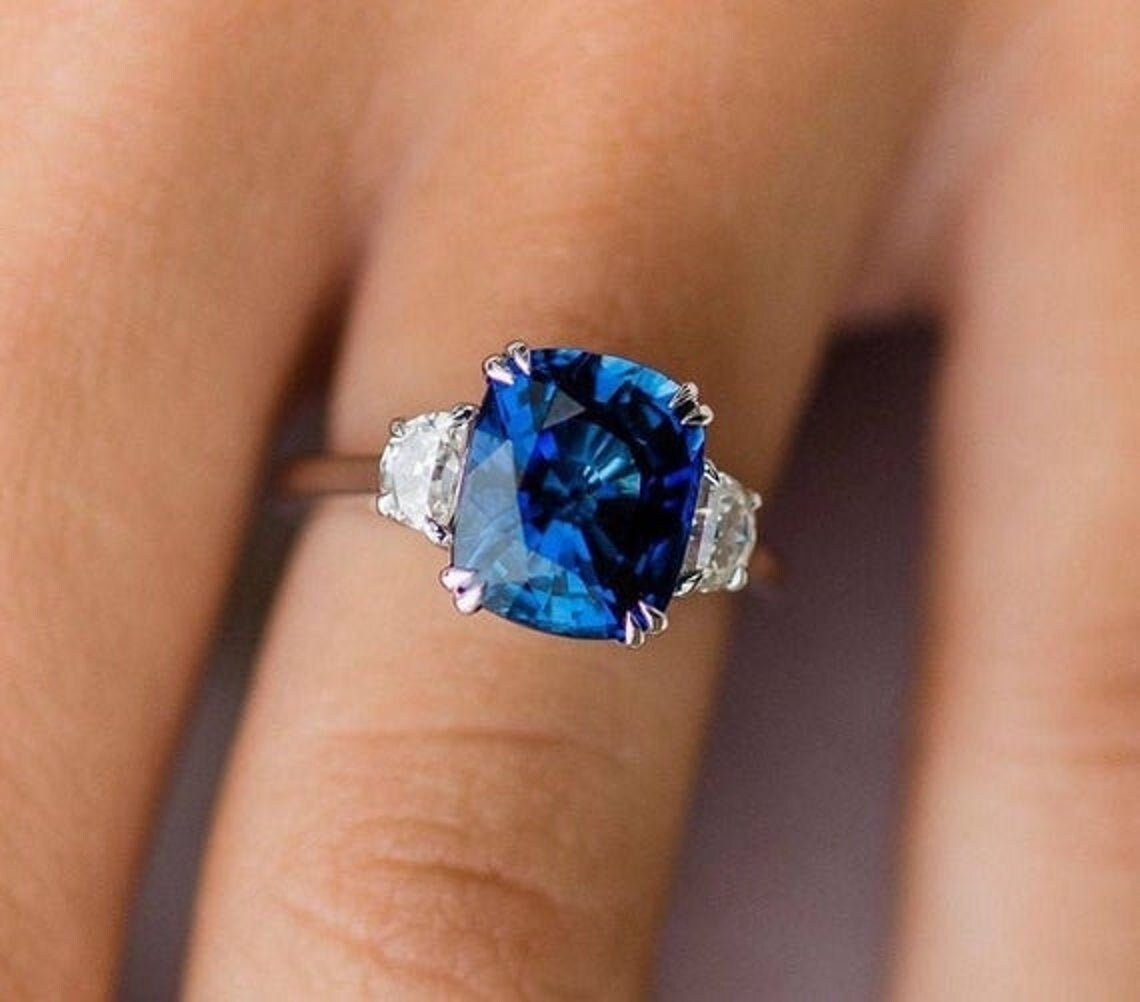 Vintage Cushion Cut 2CT Blue Sapphire With Side Stone Blue Sapphire Ring September Birthstone Ring Promise Ring 14K White Gold Gift For Her