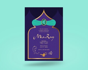 May include: A purple invitation with a gold frame and a turquoise turban with a jewel on top. The text reads "You are invited to a magical celebration in honor of princess Mia Ray. Saturday, August 10, 2019, 1:00pm - 4:00pm. Place of Event, City, ST - 00000. RSVP 000-000-0000".