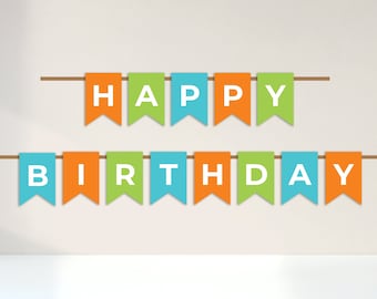Happy Birthday Banner, Printable Banner, Party, Favors, Digital Banner, Orange Green Teal