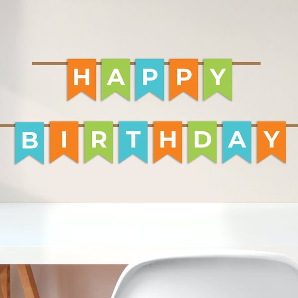 Happy Birthday Banner, Printable Banner, Party, Favors, Digital Banner, Orange Green Teal