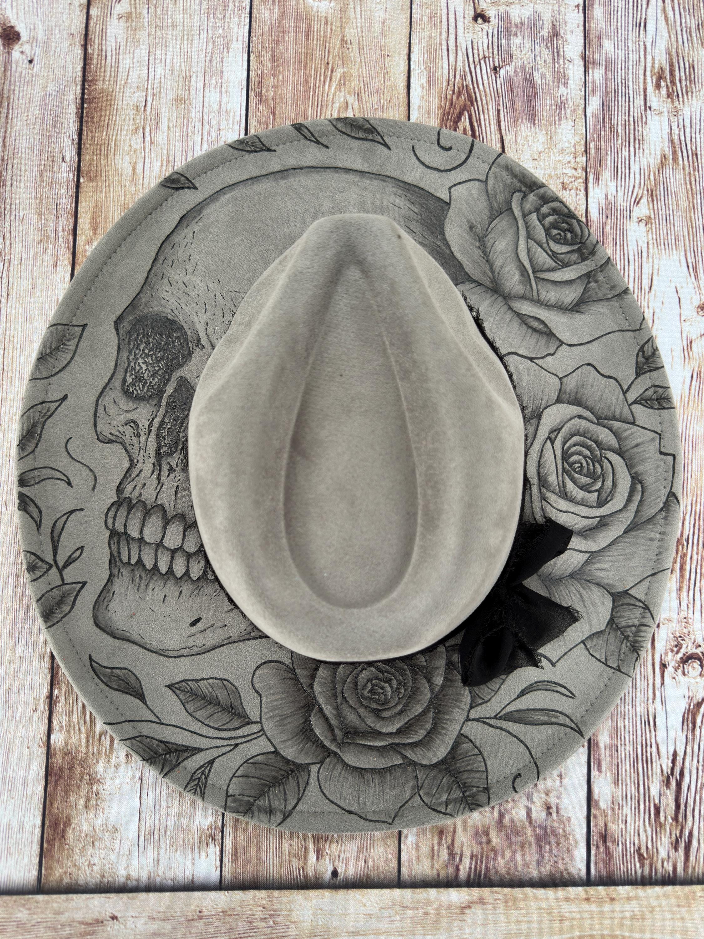 Black Skull and Roses Women\'s Hat, hand burned Hand-burned Skull Hat With Roses | Gothic Western Fedora  main image 3