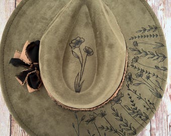Wildflower hat - hand burned - made to order - vegan suede