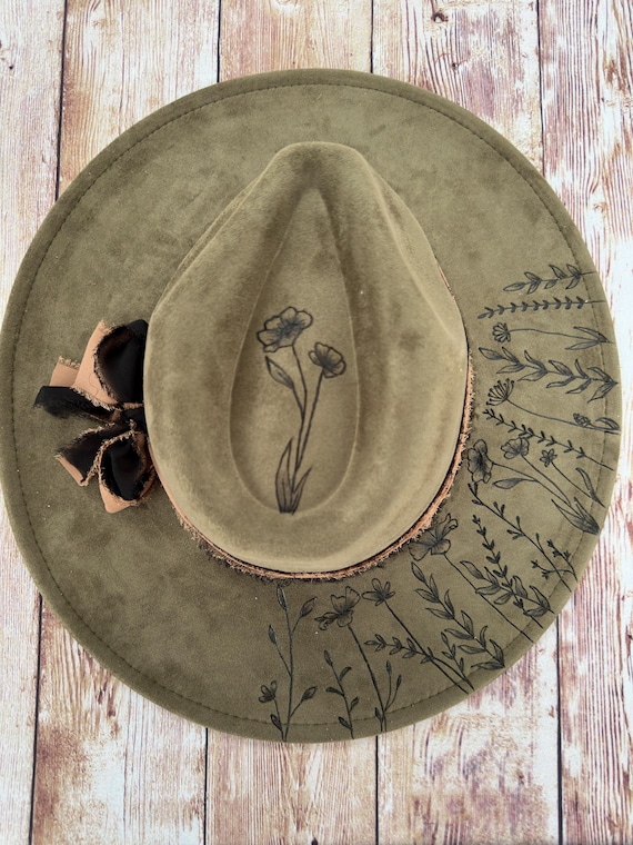 Wildflower Hat - Hand Burned - Made to Order - Vegan Suede  display picture 1