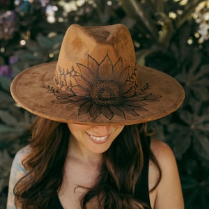 Sunflower hat - hand burned - made to order - vegan suede - boho