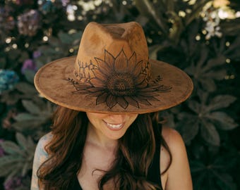 Sunflower hat - hand burned - made to order - vegan suede - boho