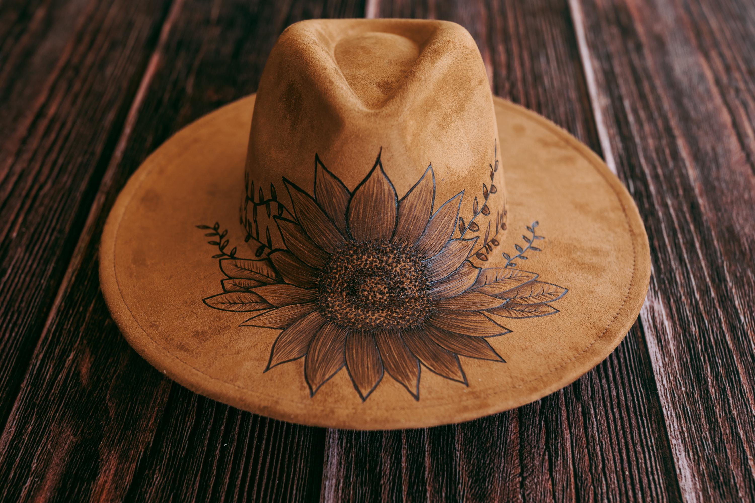 Sunflower Hat - Hand Burned - Made to Order - Vegan Suede  display picture 1