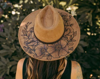 Poppy hat - hand burned - made to order - vegan suede