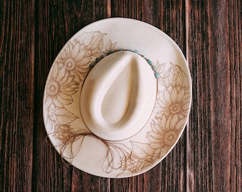 Solros cowboyhatt - handbränd - turkos - beställningsgjord - stagecoach