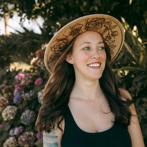 Rose underbrim hat - hand burned - made to order - vegan suede
