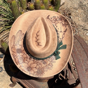 Cactus hand burned cowboy hat - cow skull - bull skull - made to order