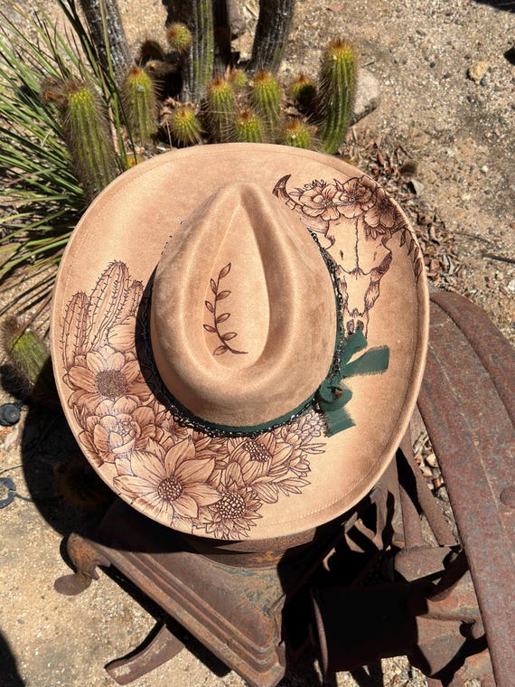 New Hand Burned Skull Western Boho Hat Custom Burned Skull Western Hat | Hand-styled Statement Brim  main image 2