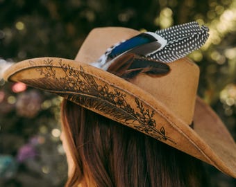 Feather cowboy hat - hand burned - made to order - stagecoach