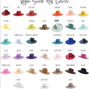 May include: A colour chart of vegan suede hats in various colours. The hats are displayed in rows and columns, with each hat showcasing a different colour, including Merlot, Red, Orange, Sage, and Black. The text "Vegan Suede Hat Colors" is at the top.
