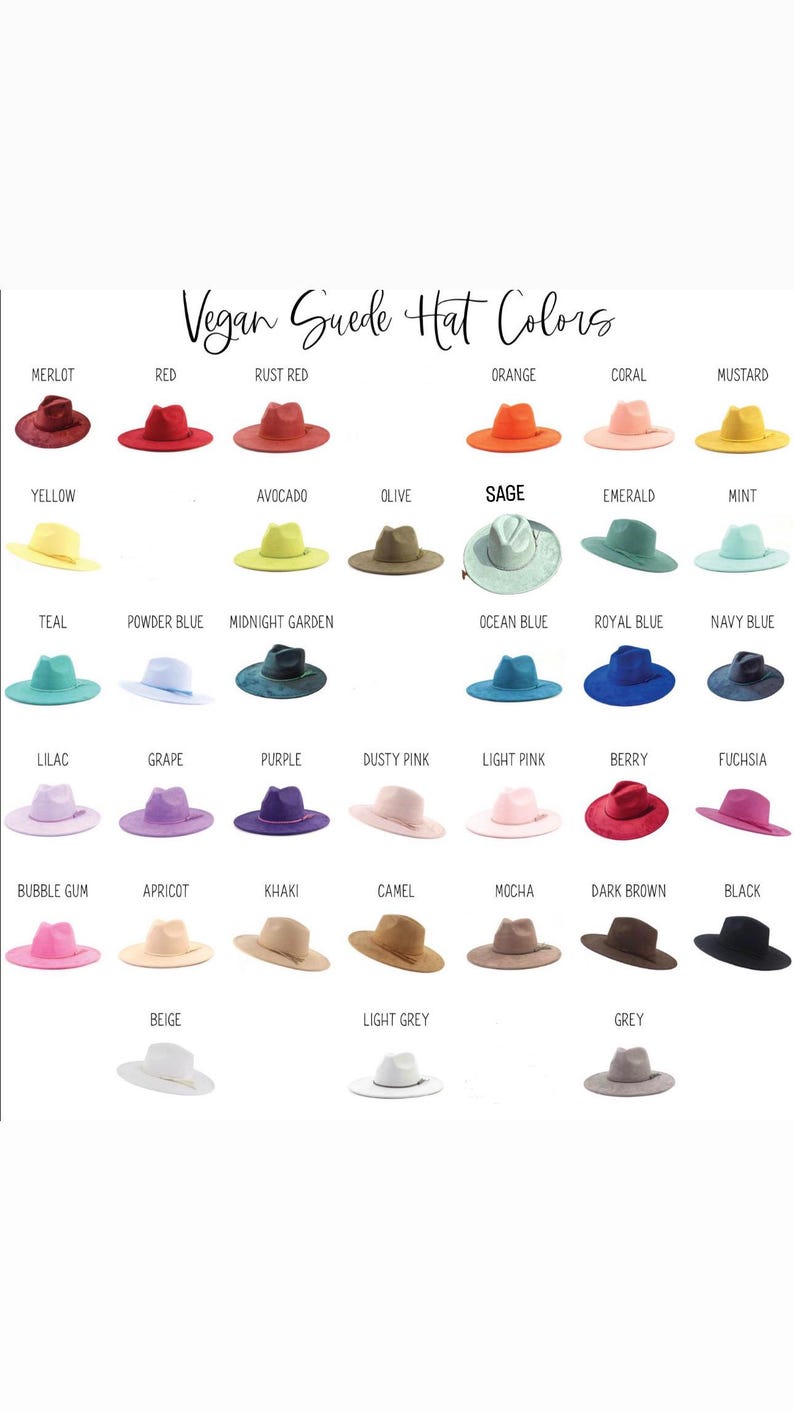 May include: A colour chart of vegan suede hats in various colours. The hats are displayed in rows and columns, with each hat showcasing a different colour, including Merlot, Red, Orange, Sage, and Black. The text "Vegan Suede Hat Colors" is at the top.
