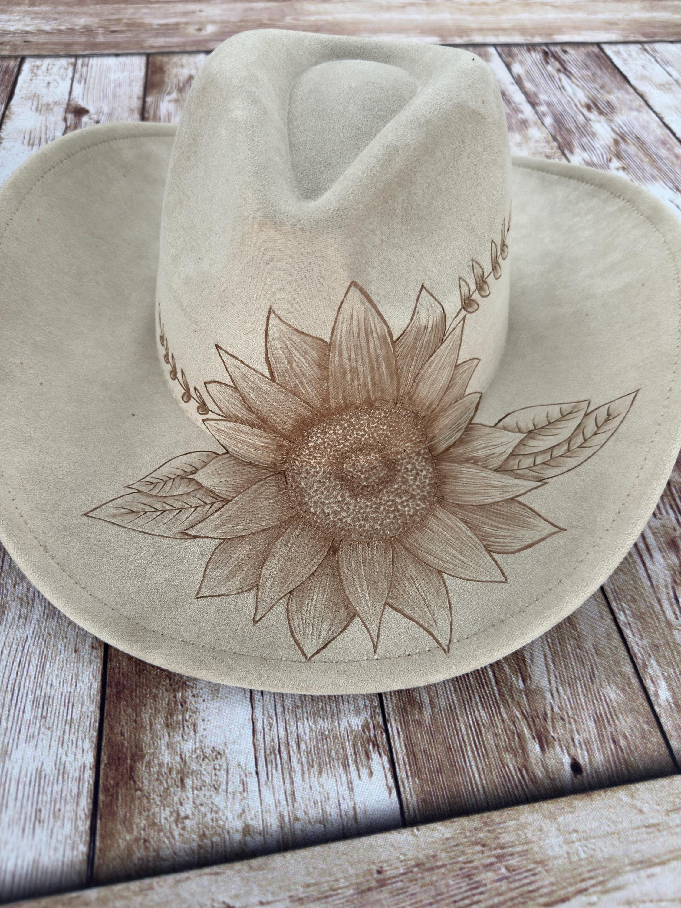 4521 – Sunflower Design Hand-burned Vegan Suede Wide Brim Cowboy Hat Sunflower Hand-Burned Fedora – Wildflowers and Barley main image 3
