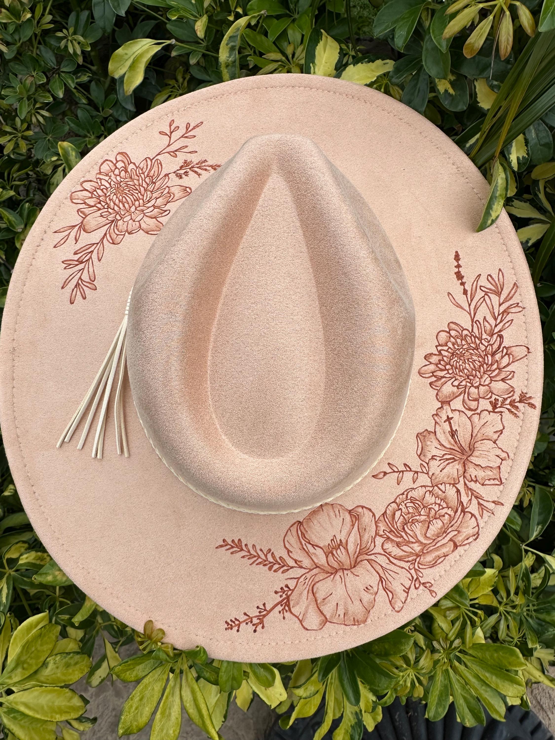Birth Month Flower custom burned hat - Mother's Day - gift for her - wide brim hat